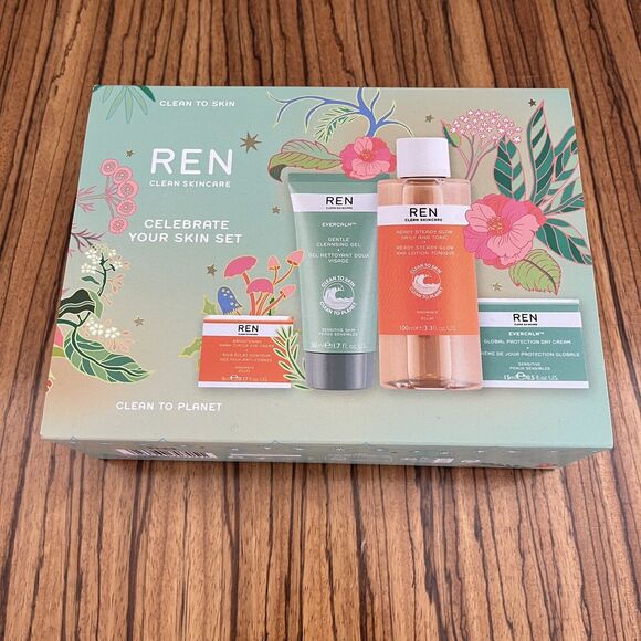 REN Celebrate Your Skin Set 4-Step Kit Cleansing, Tonic Eye & Face Cream - Picture 1 of 4